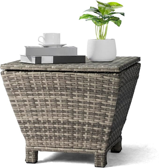 Outdoor PE Wicker Side Table with Storage, 13 Gallon Patio Storage Bin Container for Hose Cushion Towel, Gradient Rattan End Table for Backyard Garden Deck, 112 lbs Capacity, Gray