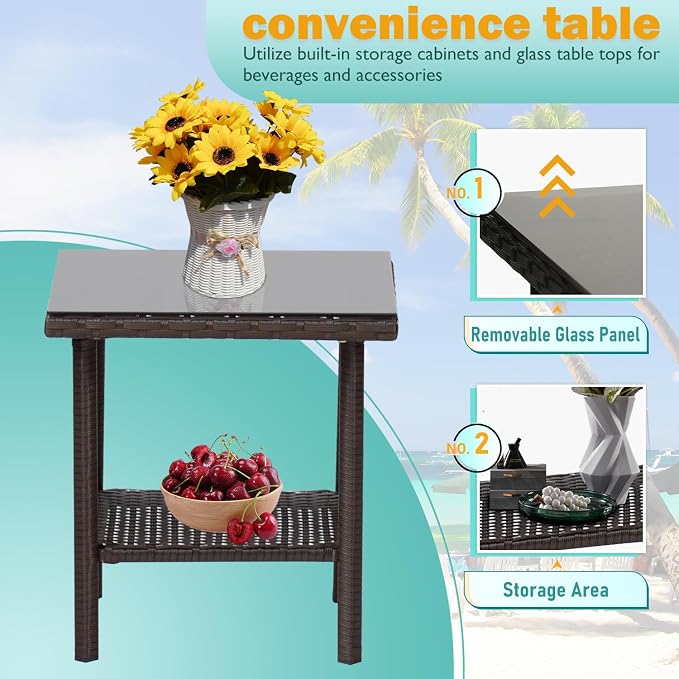 PayLessHere Set of 3 Outdoor Furniture Set Patio Furniture Set Brown Conversation Set with 2 Rattan Chairs Glass Coffee Table for Coffee Bar Poolside Patio Outdoor, Red Cushions