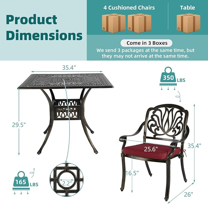 MEETWARM 5-Piece Outdoor Patio Dining Set, All-Weather Cast Aluminum Patio Conversation Set for Backyard Garden Deck with 4 Chairs, 4 Cushions and 35.4" Square Table, 2.2" Umbrella Hole, Chili Red
