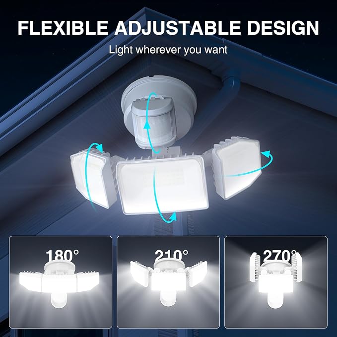 85W LED Security Lights Motion Sensor Light Outdoor, 8500LM Dusk to Dawn, IP65 Waterproof, 6500K, 3 Head Motion Detected Flood Light, Floodlight for Outside, Garage, Yard, Porch (White)