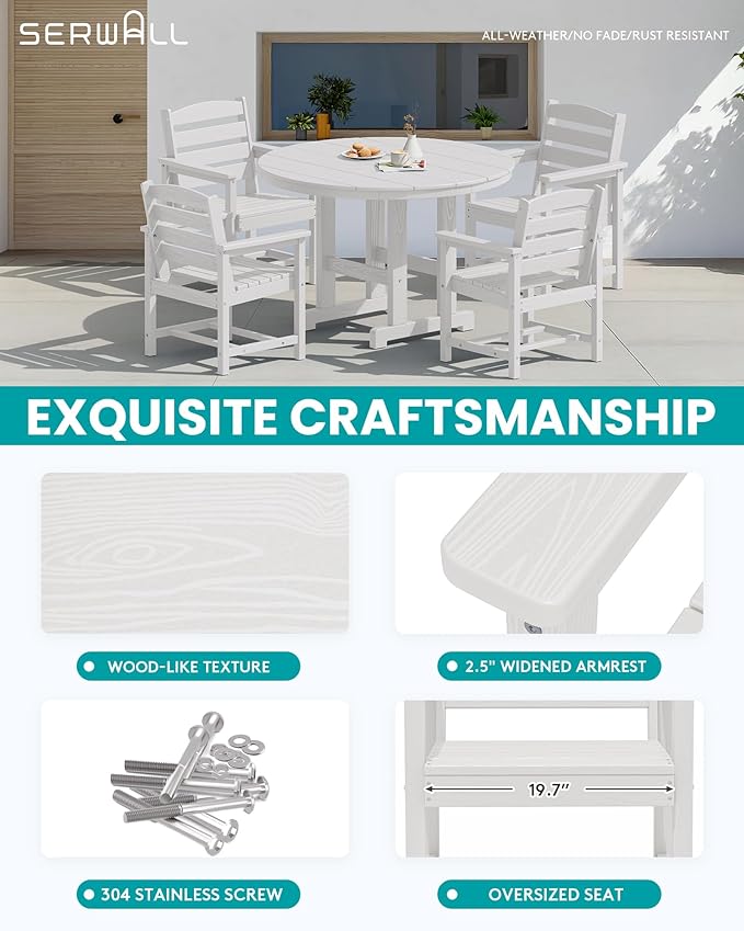 SERWALL 6-Piece Patio Dining Sets, HDPE Outdoor Table and Chairs Furniture Set with Umbrella, 45" Round Dining Table & 4 Dining Chairs & 1 9FT Umbrella, White(Not Include Umbrella Base)