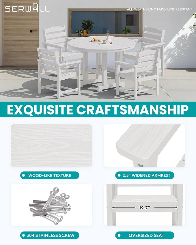 SERWALL 5-Piece Patio Dining Sets, HDPE Outdoor Table and Chairs Furniture Set, 45" Round Dining Table and 4 Dining Chairs, White