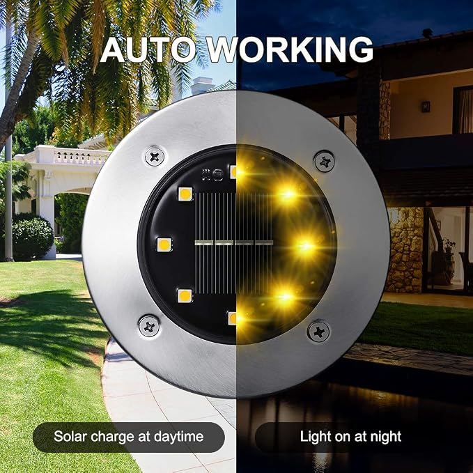 LYHOPE Solar Ground Lights Outdoor, 8 Pack 8 LED Solar Disk Lights Waterproof Garden In-ground Pathway Light Landscape Lighting for Lawn,Yard,Deck,Patio,Walkway (Warm White)