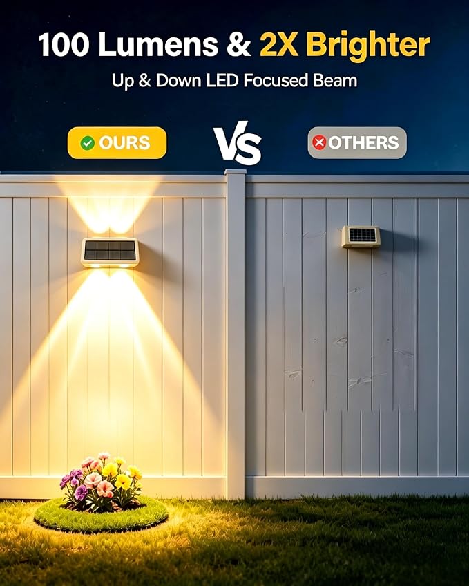 Solar Fence Lights Outdoor, 2 Pack Fence Solar Lights Waterproof | IP65 Fence Lights Solar Powered Up & Down LED Focus, 9 Color Modes, 12H Dusk to Dawn Glow for Patio/Backyard - Pure White