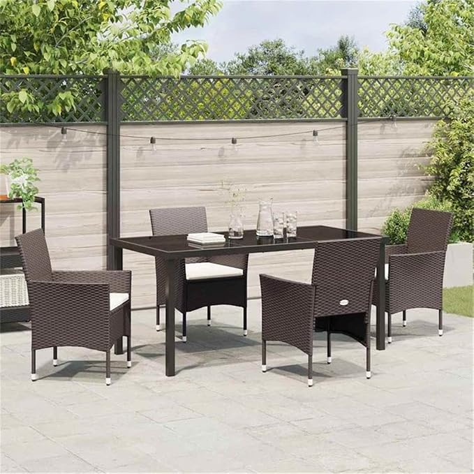 Afuera Living 5 Piece Poly Rattan Patio Dining Set, Brown Finish, Powder-Coated Steel Frame, Tempered Glass Table, Weather-Resistant Cushions, Modern Outdoor Seating for Patio, Deck, or Garden