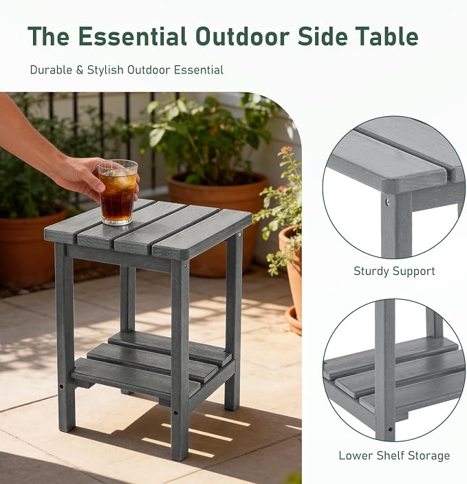 Furnimart Adirondack 2-Layer Square Outdoor Side Table, Extra-Thick HDPE Weather-Resistant Small Patio Table, Gray Outdoor End Table for Garden Balcony Yard Deck Poolside(Gray)