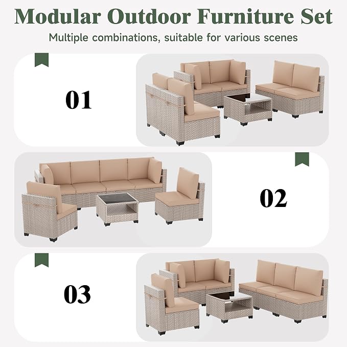 7 Pieces Patio Furniture Set, Outdoor Sectional Wicker Sofa with Thick Cushions and Storage Coffee Table, Rattan Patio Conversation Sets for Deck Yard Poolside, Khaki