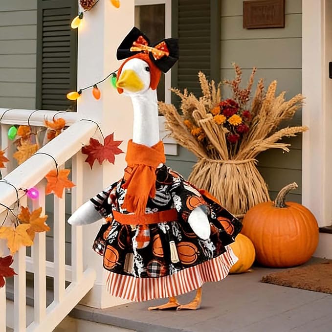Halloween Porch Goose Outfit 23 Inch Porch Goose Clothes for Holiday | Pumpkin Dress Cape Witch Hat, Thanksgiving Goose Outfit, Christmas Goose Clothes, Holiday Costume for Lawn Geese Status