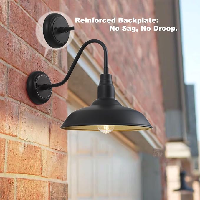 14in Dome Large Outdoor Barn Lights, Black Exterior with Gold Interior Gooseneck Light Fixture, Outside Wall Mount Industrial Sconce for Porch Farmhouse Garage Front Door Patio Entryway