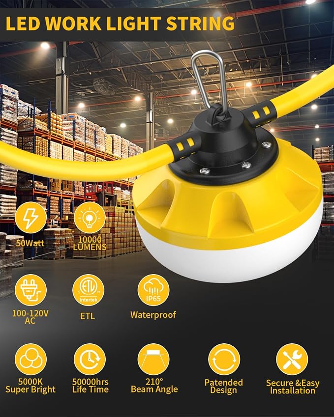 100FT LED Construction String Lights, with 10 Bulbs Industrial Grade 100W | 10000LM Temporary Work Lights,Linkable 5000K Super Bright Weatherproof Lighting for Construction Site, Job Site,&Outdoor Use