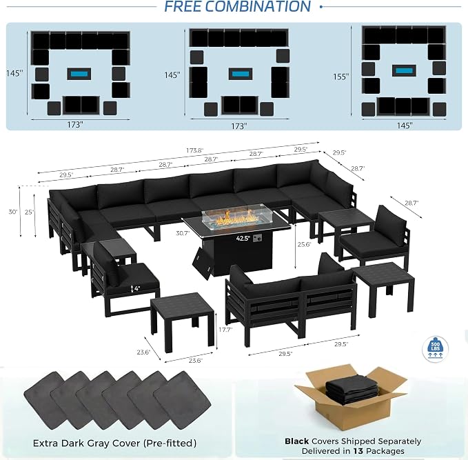 NICESOUL 17 Piece Extra Large Aluminum Patio Furniture Set with Fire Pit Table & End Table, 29" Deep Wide Seating, 500 lbs High Weight Capacity, Comfortable Outdoor Sectional Sofa for Poolside, Black