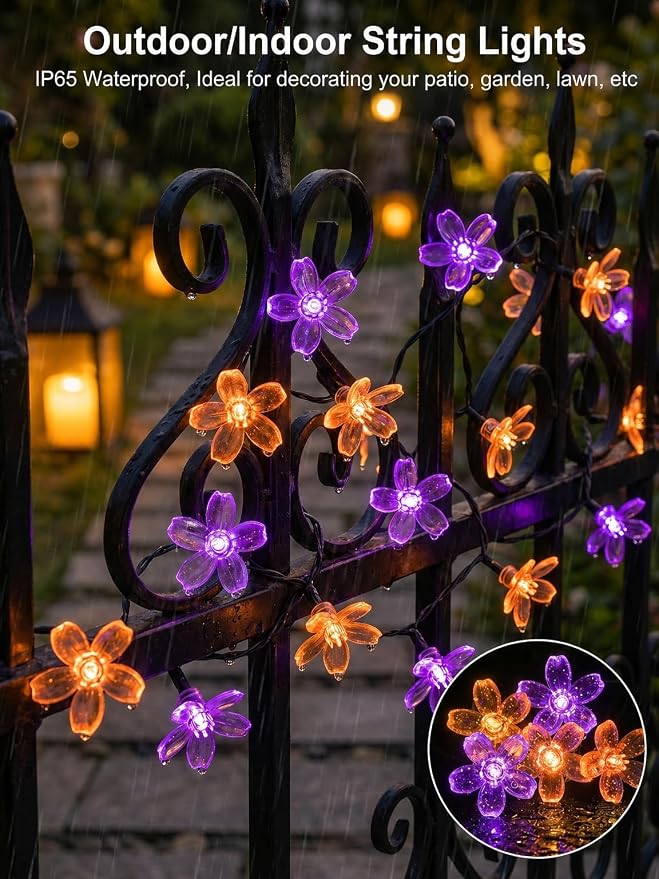 ITICdecor Solar Flower String Lights Outdoor Waterproof 50 LED Solar Powered Fairy Lights for Garden, Fence, Patio, Yard, Christmas Tree & Party Decor(Purple & Orange)