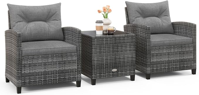 Patio Furniture Set, 3 Pcs Outdoor Wicker Conversation Set with Glass Coffee Table, Patio Chairs w/Washable Cushions, PE Rattan Outdoor Furniture Set for Porch Garden Backyard (Grey)