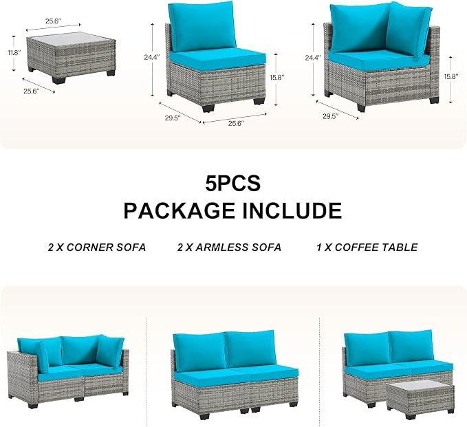 CANMOV 5 Pieces Patio Furniture Sets, All Weather Outdoor Patio Conversation Set, PE Wicker Rattan Sectional Sofa Couch Glass Coffee Table Washable Cushions for Backyard, Porch, Poolside, Peacock Blue