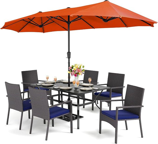 PHI VILLA 7pc Patio Dining Set with Red Umbrella, 6 Rattan Chairs | PE Rattan Chairs with Cushion, 13ft Large Red Umbrella, Powder-coated, for Deck, Yard, Porch
