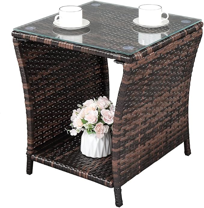 18" Patio Rattan Wicker Side Tables,Outdoor Square Wicker End Table,Waterproof Patio Coffee Side Table,Outside Storage Coffee Tables,with Glass Top,for Garden Porch Poolside Deck Backyard (Brown)