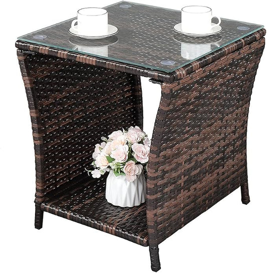 18" Patio Rattan Wicker Side Tables,Outdoor Square Wicker End Table,Waterproof Patio Coffee Side Table,Outside Storage Coffee Tables,with Glass Top,for Garden Porch Poolside Deck Backyard (Brown)
