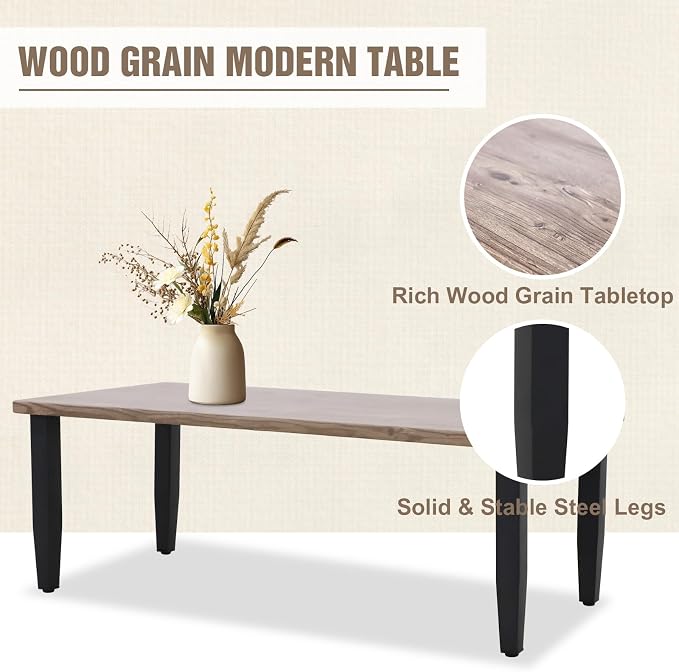 Modern Outdoor Coffee Table, Wood Grain Top Patio Rectangle Table for Deck, Porch, Garden, Weather Resistant Steel Frame, Brown