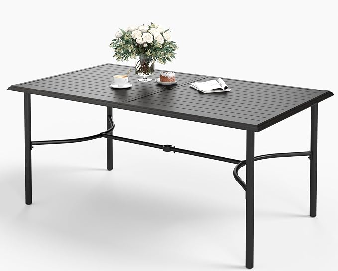 SUNSHINE VALLEY 67" Patio Dining Table for 6,Large Rectangle Patio Table with Umbrella Hole,E-Coating and Powder Coating Steel Frame Metal Outdoor Patio Table for Garden Backyard Lawn Yard