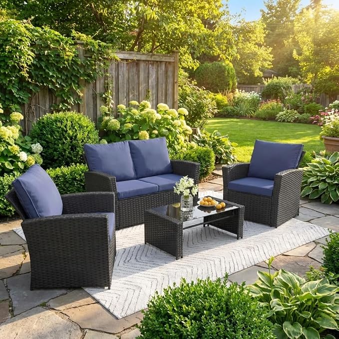FHFO 4 Piece Outdoor Wicker Patio Furniture Set, Black/Blue | Sectional Sofa | All-Weather Hand-Woven Rattan | Tempered Glass Coffee Table | Durable Fabric | Indoor & Outdoor Use