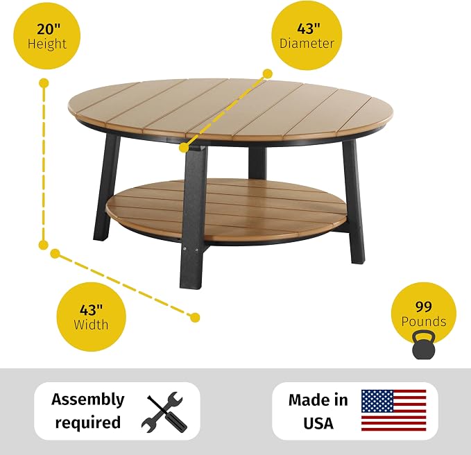 LuxCraft Deluxe Poly Round Outdoor Coffee Table, Two Tier Coffee Table, Round Conversation Tables for Outside Patio with Lower Shelf - Amish Made in USA (Birch & White)