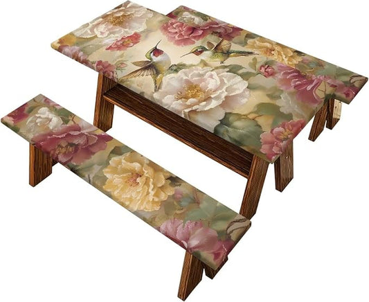 Hummingbird Picnic Table Cover with Bench Covers, Washable Outdoor Camping Essentials Fitted Picnic Table Cover with Bench Covers Suitable for Summer Outdoor Camping