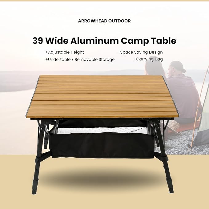 ARROWHEAD OUTDOOR 2-Pack 39" Aluminum Folding Camp Roll Up Table w/Adjustable Height, Undertable Mesh Storage, Carry Bag