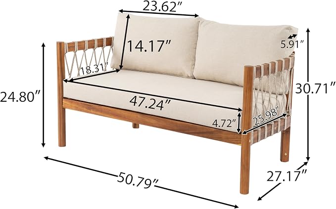 Christopher Knight Home Haven Acacia Wood Outdoor Loveseat and Coffee Table Set, 2 Piece Patio Furniture Set with Water-Repellent Cushion, Solid Wood Outdoor Conversation Set, Beige+Teak