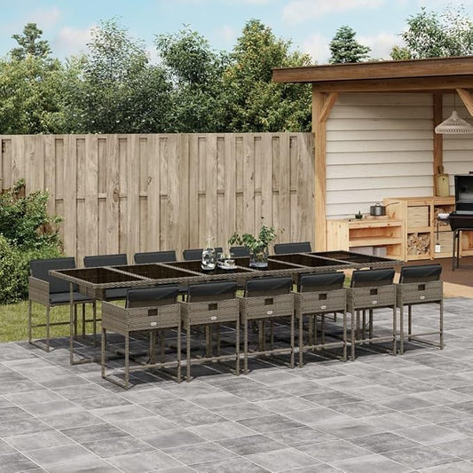 13 Piece Patio Dining Set, 12-Seater Outdoor Furniture, PE Rattan Garden Table and Chairs, Space-Saving Foldable Cube Seating with Cushions, Gray