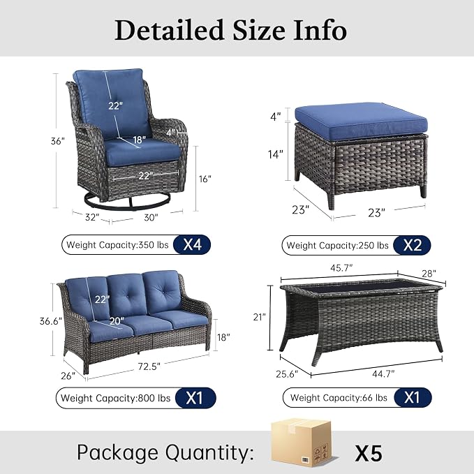 8 Piece High Back Wicker Patio Furniture Set - Patio Conversation Set with 4 Inch Thick Cushions and Deep Seating Swivel Glider Chairs Set of 4 & Outdoor Couch for Porch Deck Yard Pool