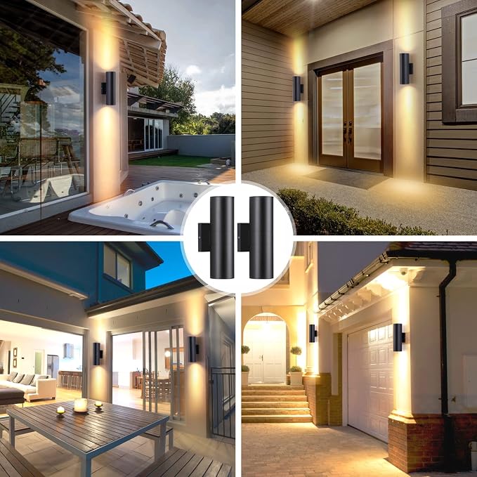 DAKAFUL Outdoor Wall Lights 2 Packs, Integrated LED Cylinder Up Down 12W 2700K Modern Aluminum Light, Waterproof Exterior Light for Porch Patio Door, Matte Black