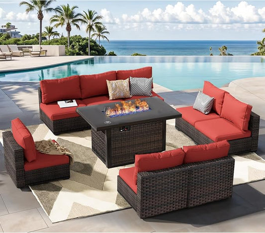 Patio Furniture Set Fire Pit Table 9 Piece All Weather PE Rattan Outdoor Sectional Sofa Couch with 8 x armless Sofa, No-Slip Cushions for Garden, Poolside, Backyard (Red)