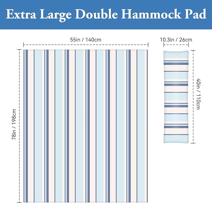 Double Hammock Pad and Pillow Set,78" x 55"Polyester Quilted Hammock Pad, Enhanced Comfort for Rope Outdoor Patio, Garden, Beach Hammocks, BlueStripe