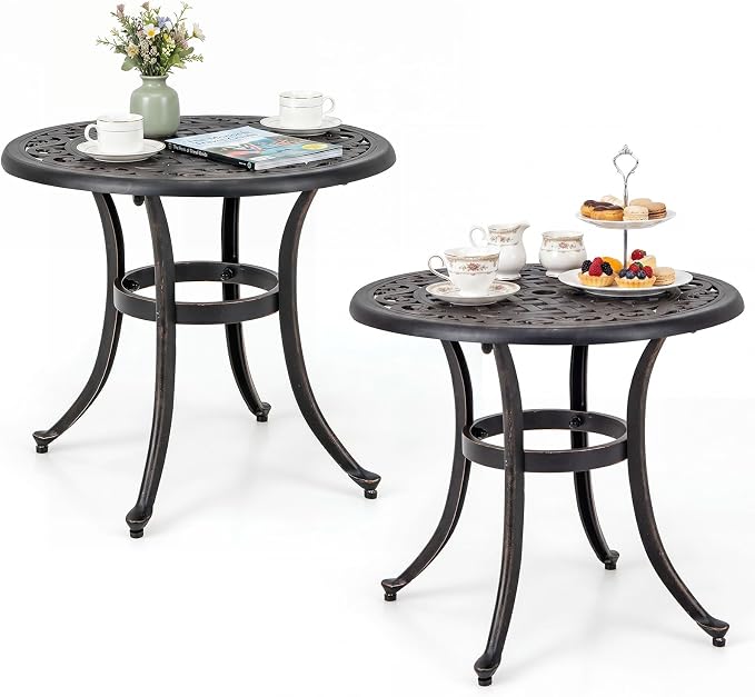 Tangkula 24 Inch Patio Side Table Set of 2, Cast Aluminum End Table with Adjustable Footpads, Outdoor Small Coffee Table, Round Metal Patio Table for Poolside, Backyard, Balcony (2, Black)