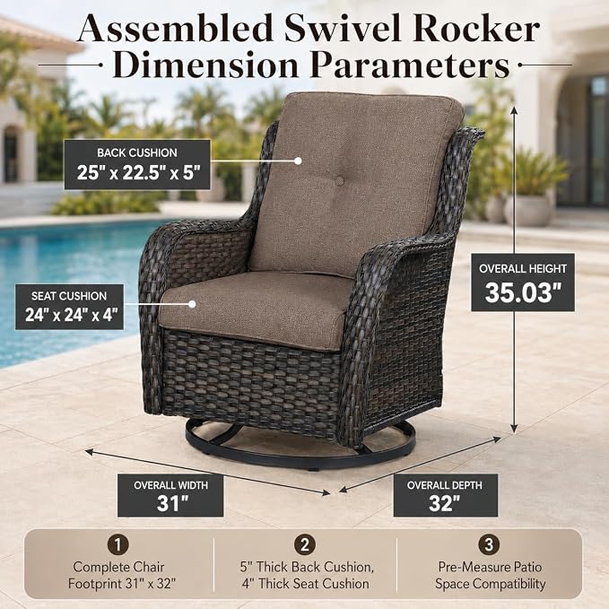 HUMMUH Outdoor Swivel Rocker Wicker Patio Chairs Set of 2, Rattan Rocking Chair Furniture Set(Brown,Grey)
