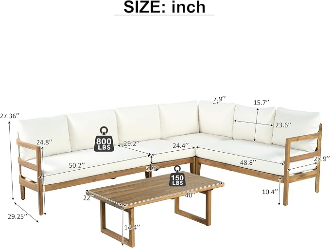 Merax Outdoor Acacia Wood 5-Seater Sectional Sofa Set with Cushions, Solid Wood Patio Modular Lounge with Corner & Table for Balcony, Deck, Porch, Garden, Beige + Light Brown