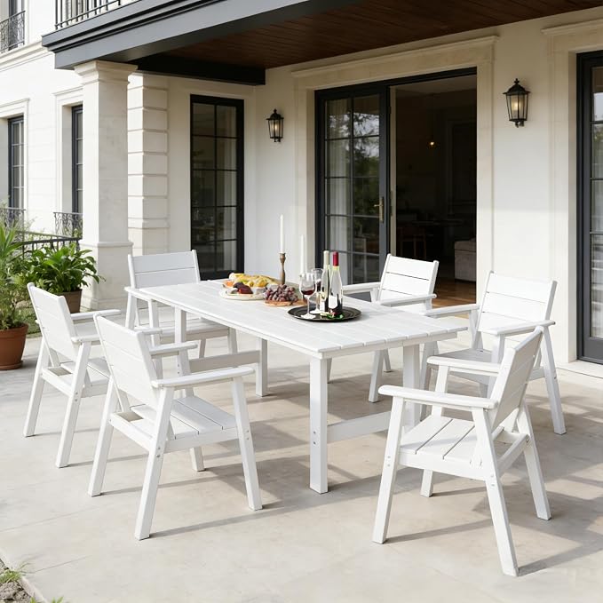 Outdoor Dining Set for 6, 7-Piece Patio Table and Chairs Set, HDPE Outdoor Dining Table and Chairs with Umbrella Hole, All-Weather Dining Furniture Set,White