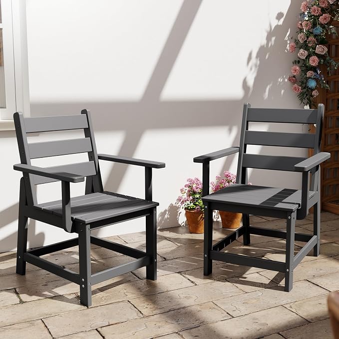 GREENVINES Patio-Chair | Outdoor Dining Chairs Set of 2 | HDPE Plastic | Removable Armrests | All Weather | for Backyard Deck Poolside Garden | Grey