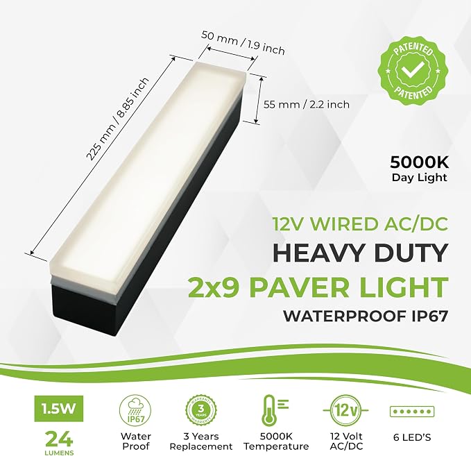 LUMENGY Paver Light 2x9 Inch (1.97x8.85), 5000K Daylight, Glare-Free Brick Lighting for Driveways, Walkways, Pool Decks and Patios, 12V Hardwired, IP67 Waterproof, Drive-Over Rated