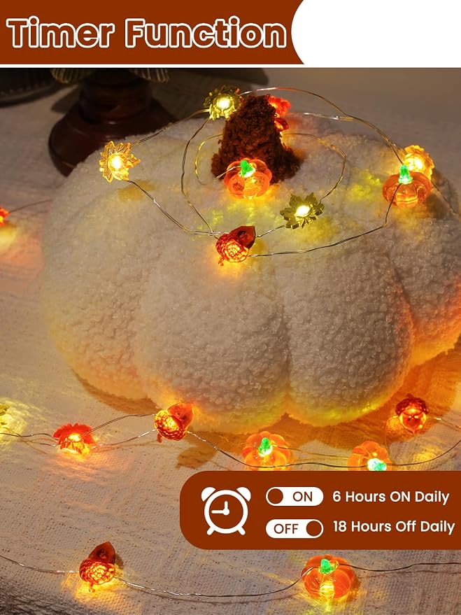 2 Pack 30 LED Fall Decorations, String Lights Battery Operated with Remote | 20FT 3D Pumpkin Acorn Maple Leaf Fairy Twinkle Lights Timer, Waterproof Outdoor Autumn Harvest, Thanksgiving, Halloween Decor