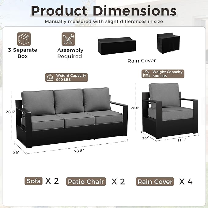 Outdoor Patio Furniture Set, 4-Piece Aluminum Patio Conversation Set All-Weather Metal Outdoor Sectional with 6 Inch Thick Cushions, Deep Setting for Garden, Outside and Porch, Grey
