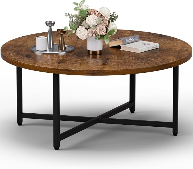 FAMIDGE Coffee Table, 31.5" Large Round Coffee Table for Living Room, Center Tables for Family & Office Use, Outdoor Coffee Table Round, Large Rustic Brown(31.5" D x 17.7" H)