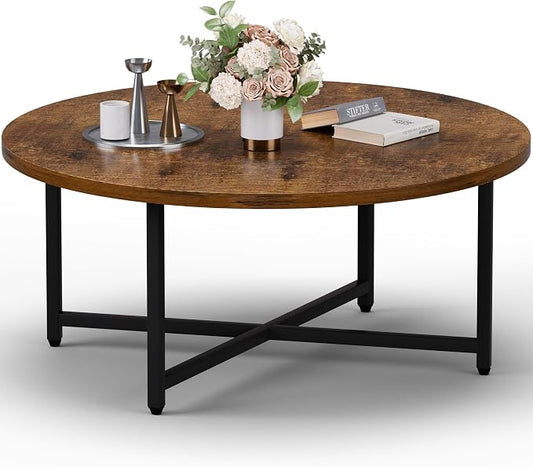 FAMIDGE Coffee Table, 31.5" Large Round Coffee Table for Living Room, Center Tables for Family & Office Use, Outdoor Coffee Table Round, Large Rustic Brown(31.5" D x 17.7" H)