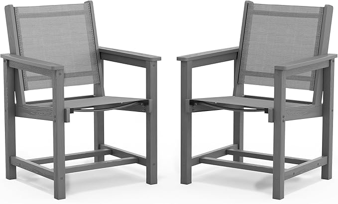 SERWALL Outdoor Dining Chairs Set of 2, Grey | All-Weather HDPE and Patio Textilene Chairs Suitable for Outdoor Dining Table