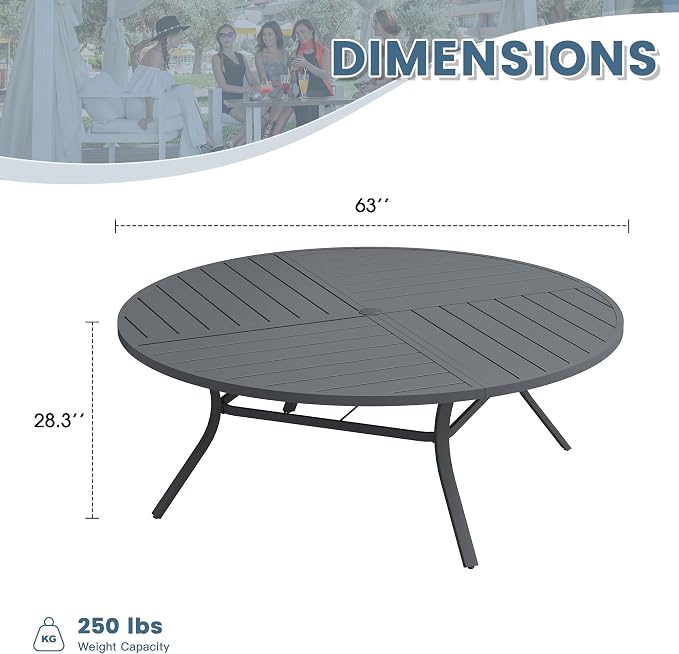 DIFY 63" Round Outdoor Patio Dining Table for 8-10, All-Weather Metal Steel Slatted Patio Table with 1.57" Adjustable Umbrella Hole for Garden, Backyard, Deck, Grey