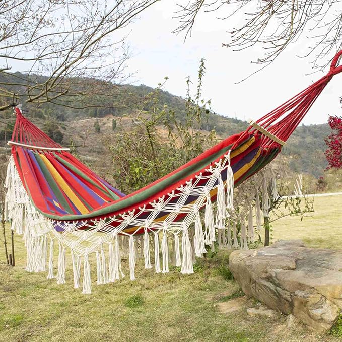 Canvas Hammock, 2 Person Foldable Hanging Swing Hammock with Tassels for Beach Yard Bedroom Patio (White)