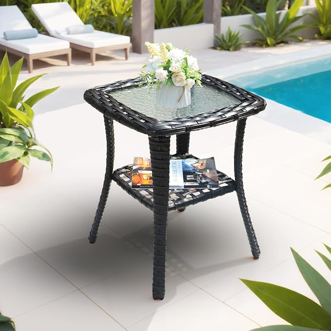 ovios Outdoor Side Table with Tempered Glass Top, Patio Wicker Rattan Bistro Coffee Tables with 2 Tiers Storage for Porch Deck Balcony Garden Poolside, Brown