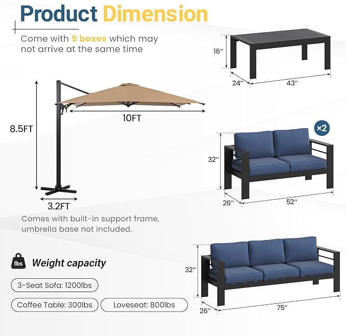 Wisteria Lane 5 Pieces Aluminum Patio Furniture Set with Umbrella, All Weather Oversized Outdoor Furniture Set with Deep Seat and Back Cushion, Patio Conversation Sets with Wide armrest, Blue & Kahki