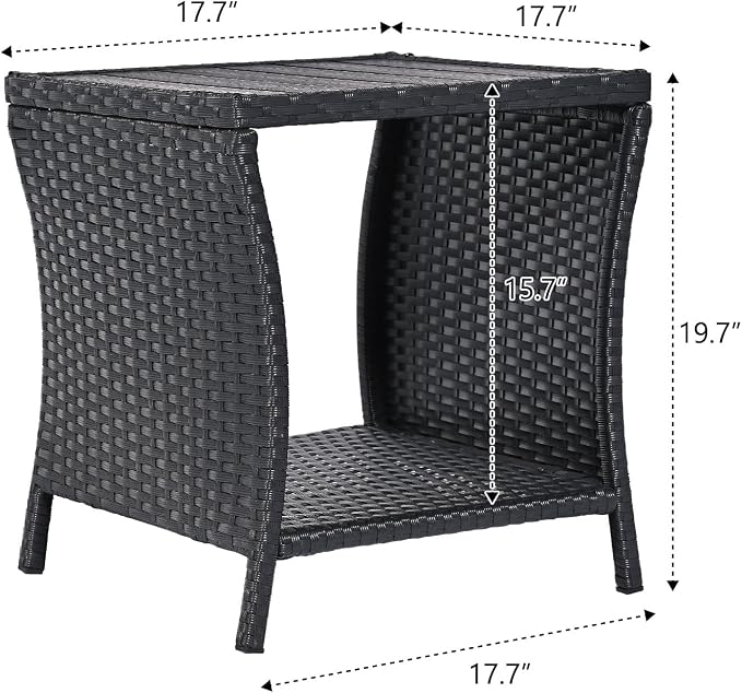 Outdoor Patio Side Table Small Black Wicker Rattan End Table for Outside Storage Coffee Table with Poly Lumber Table Top for Garden Lawn Pool Porch Deck