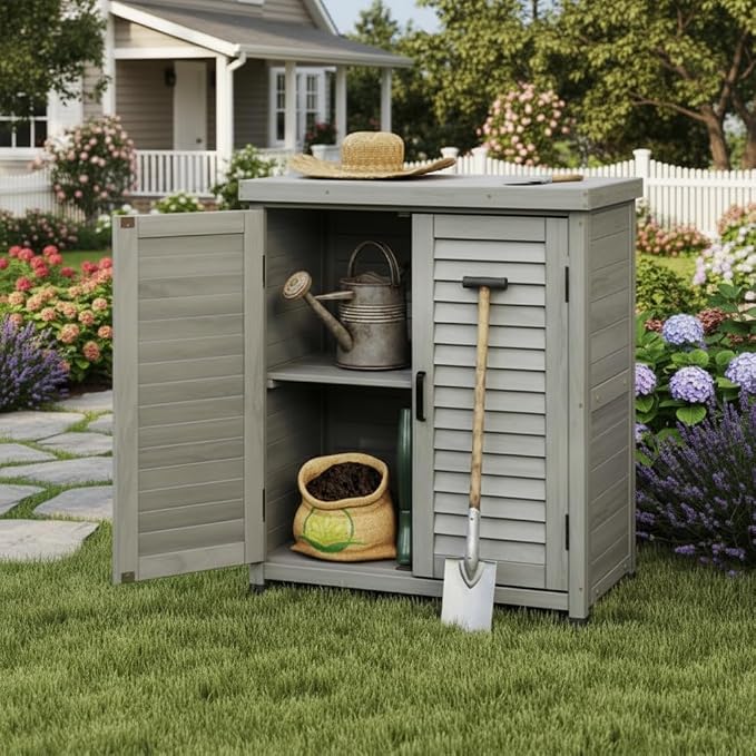 Wooden Outdoor Storage Cabinet, Bar Table Cabinet with Storage, Buffet Sideboard for Patio, Garden, Potting Bench, TV Stand, Balcony, Grey2